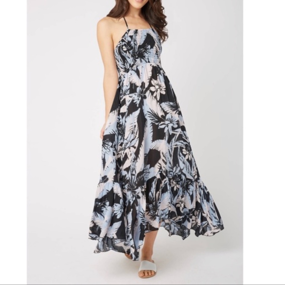Maxi Halter Floral Dress in Black & Light Blue